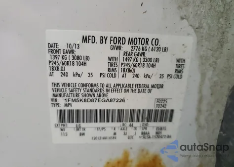 2014 Ford Explorer Xlt из США, поврежденный, VIN 1FM5K8D87EGA87226